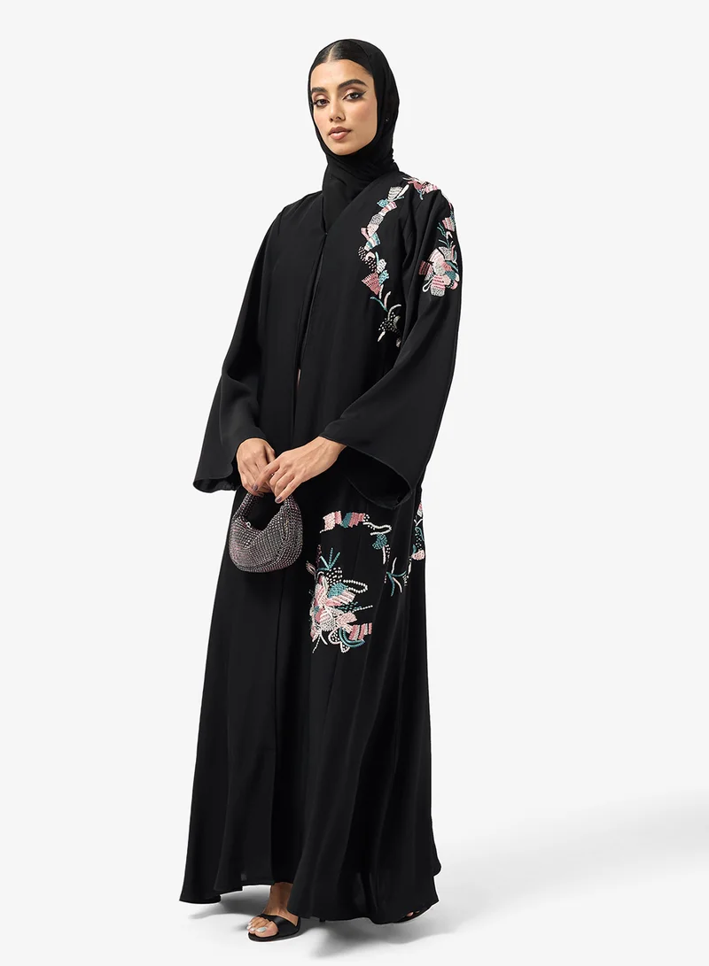 hayas closet Floral Embroidered Open Front V Neck Abaya